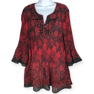Cato Wms Dark Floral Print Pleated Beaded Bell‎ Fairy Sleeve Tunic Sz 18 20W